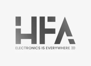 HFA logotipas su užra&scaron;u &bdquo;HFA&ldquo; ir &scaron;ūkiu &bdquo;Electronics is everywhere&ldquo;, pilkų tonų tipografinis dizainas, nuoroda į informaciją apie partnerį.