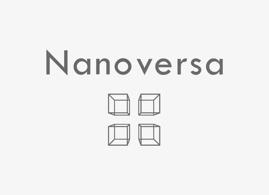 Nanoversa logotipas su užrašu „Nanoversa“ ir geometrinių kubų simboliu, pilkų tonų minimalistinis dizainas, nuoroda į informaciją apie partnerį.