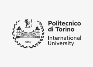 Politecnico di Torino logotipas su detaliu herbu ir užra&scaron;u &bdquo;Politecnico di Torino International University&ldquo;, juodai baltas dizainas, nuoroda į informaciją apie partnerį.