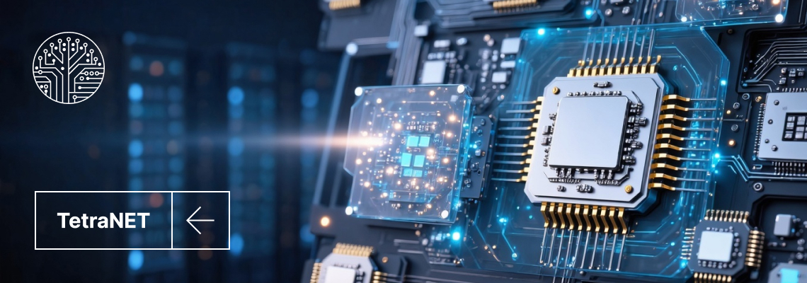 TetraNET projekto baneris su mikroprocesoriaus vizualizacija, reprezentuojantis ZnO tetrapodų tinklais grįstus neuromorfinius skaičiavimus ir energiją taupančius in-sensor sprendimus, vystomus Kauno technologijos universitete.